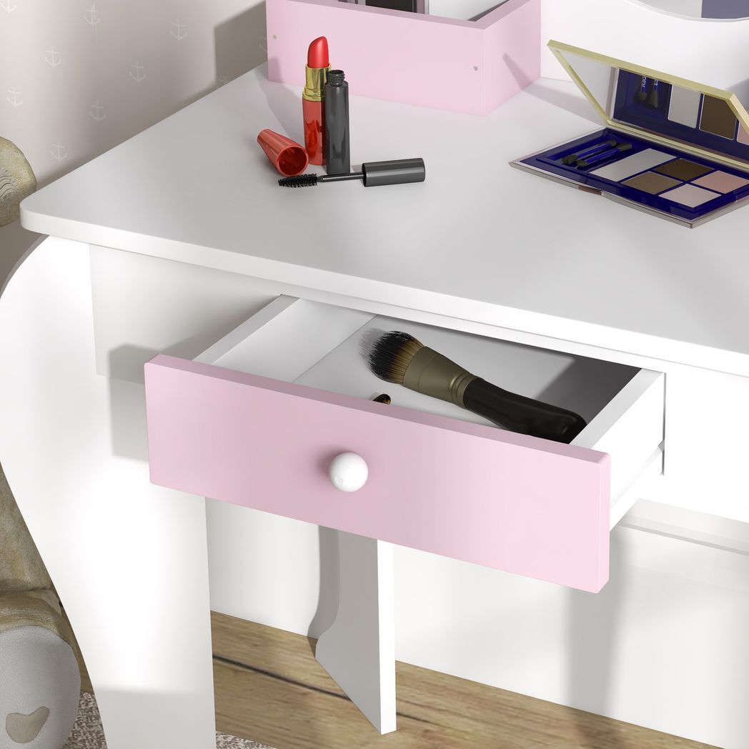 ZONEKIZ Kids Dressing Table with Mirror and Stool, Drawer, Storage Boxes - White