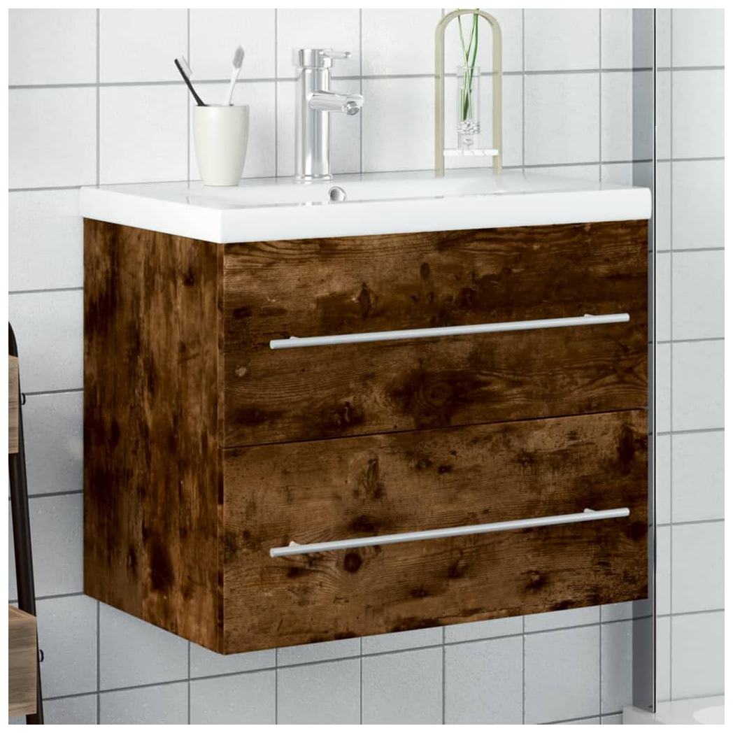 Bathroom Sink Cabinet with Built-in Basin Smoked Oak