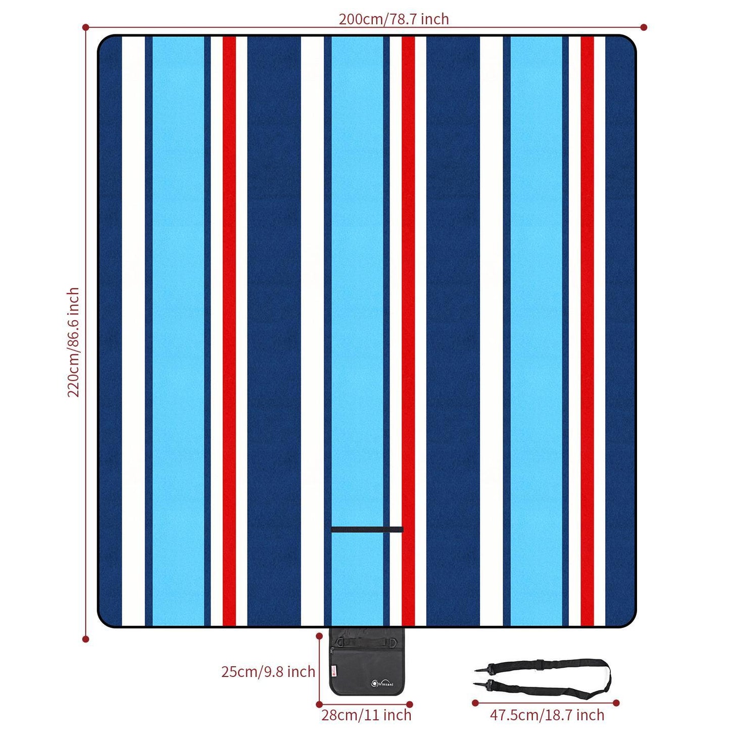 220 x 200cm Folding Picnic Blanket Waterproof & Sandproof -  Aqua Stripe