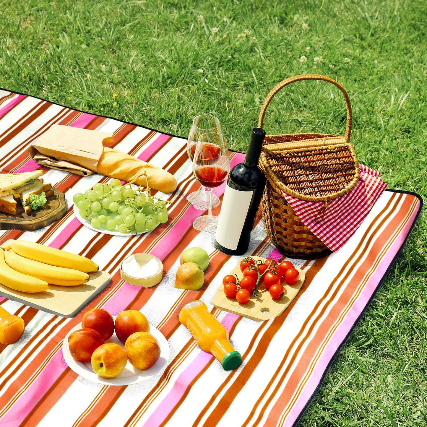 220 x 200cm Folding Picnic Blanket Waterproof & Sandproof- Pink Stripe