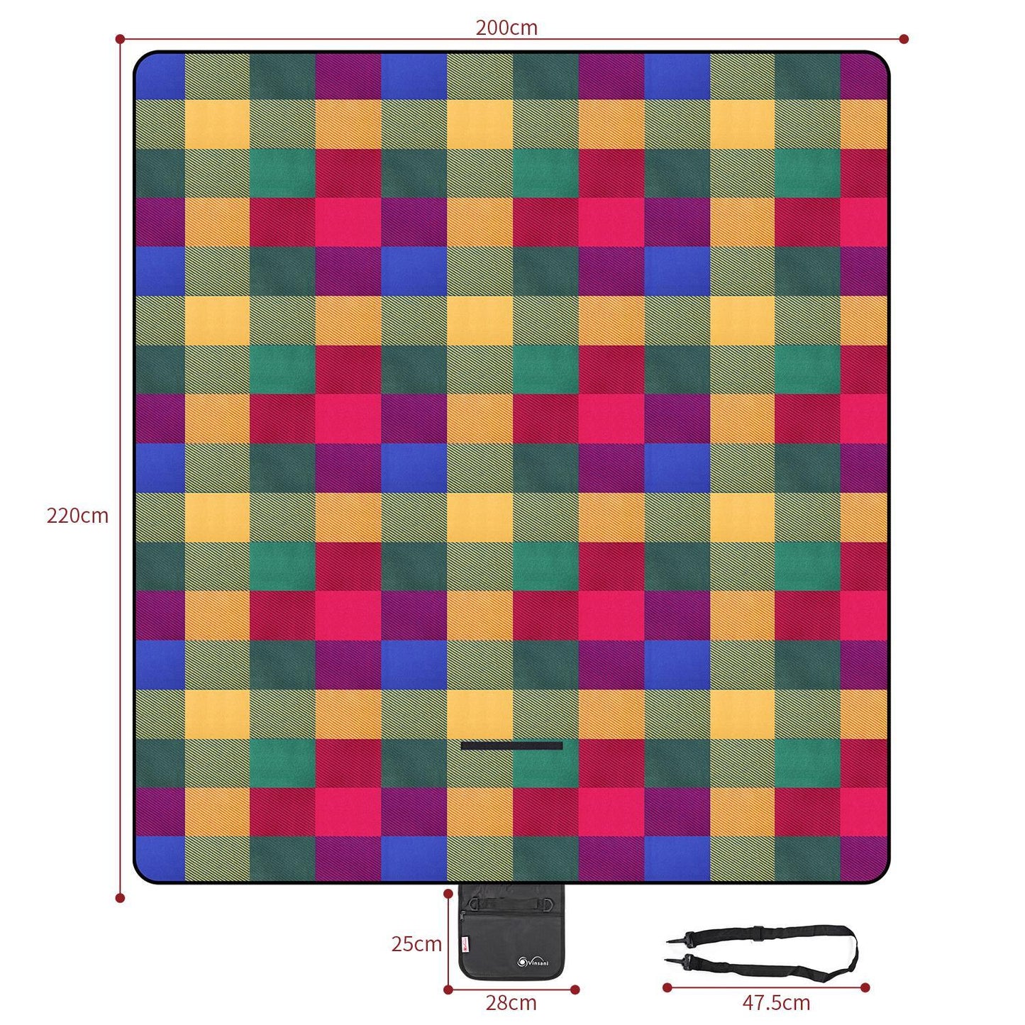 220 x 200cm Folding Picnic Blanket Waterproof & Sandproof- Multicoloured