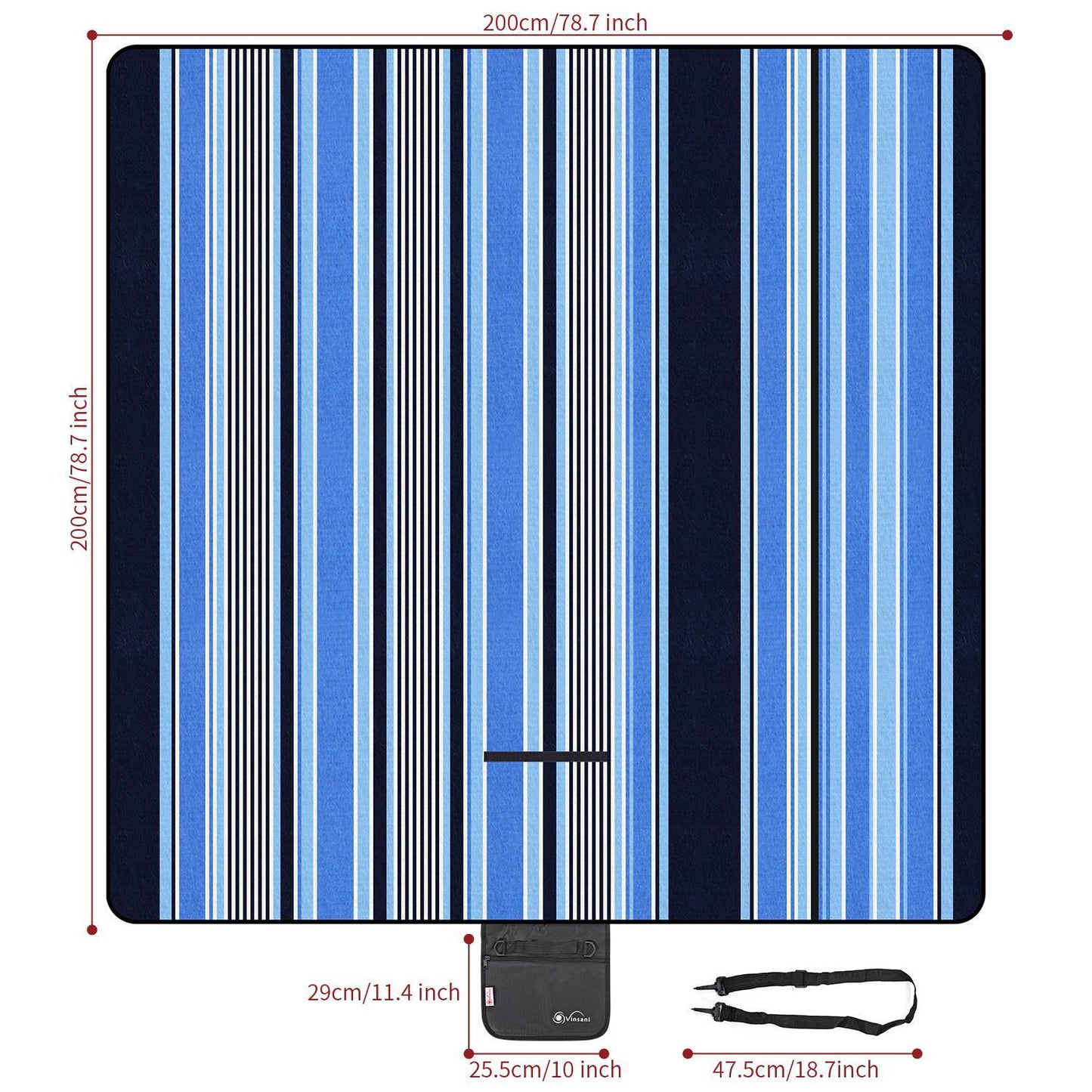 200 x 200cm Folding Picnic Blanket Waterproof & Sandproof- Blue Stripe