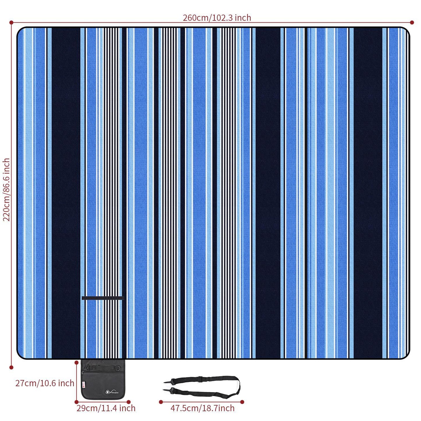 220 x 200cm Folding Picnic Blanket Waterproof & Sandproof- Blue Stripe