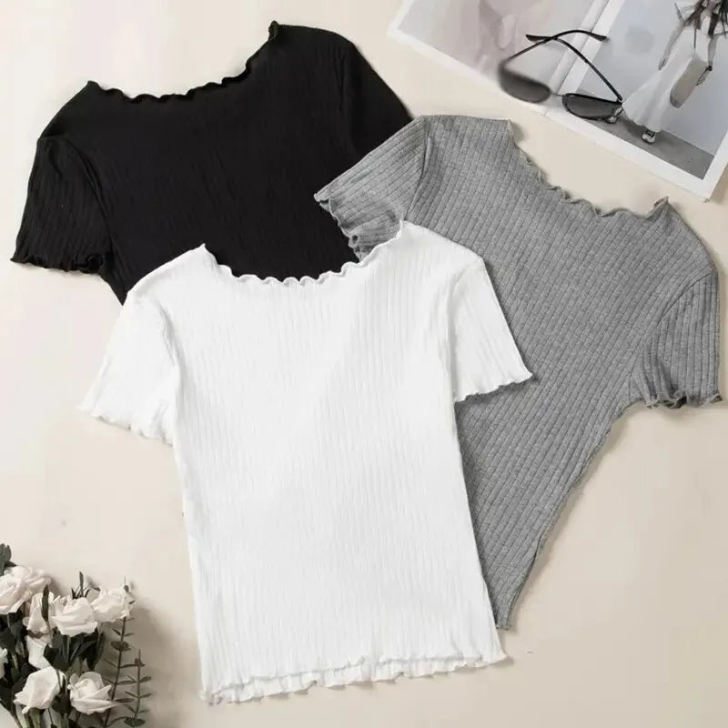 Women's Lettuce Trim Ribbed T-Shirt Knit Short Sleeve Crop Top Slim