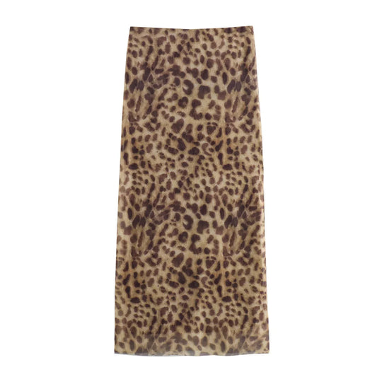 Women Leopard Tulle Midi Skirt 2024 Summer Fashion High Waist