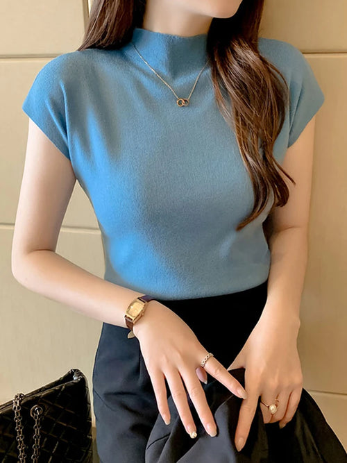 Women Summer Sexy Knitted Turtleneck Sleeveless T-Shirts Tops Solid