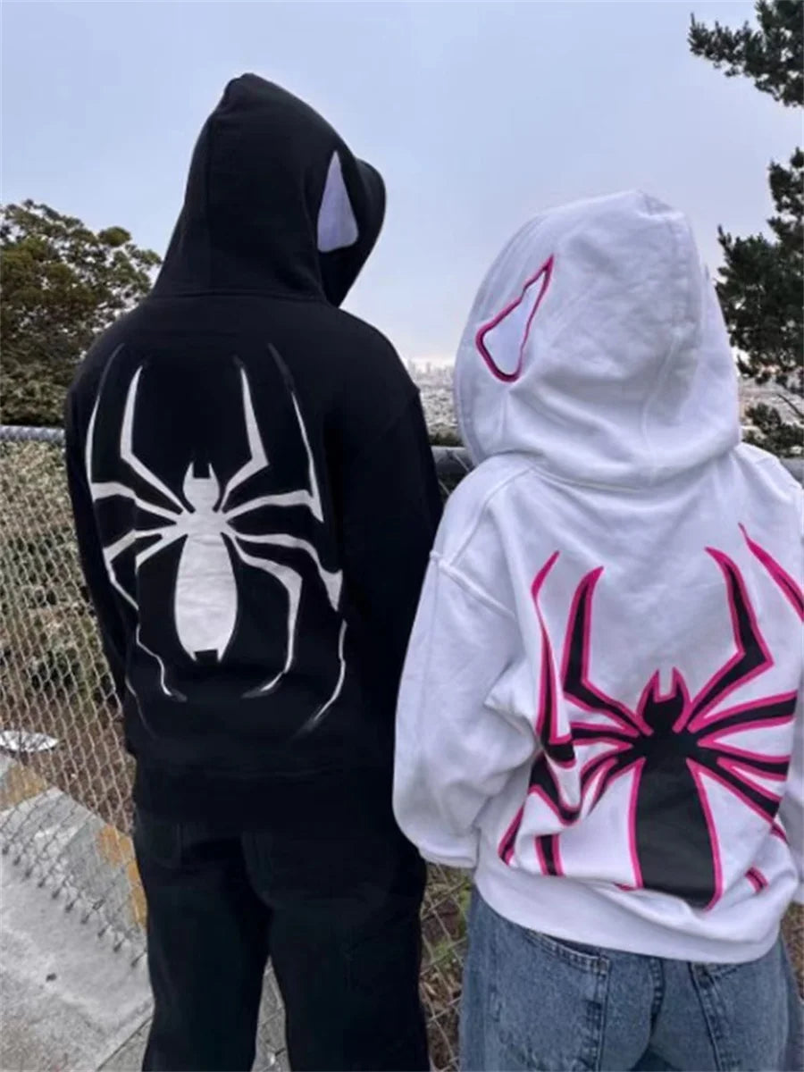 Y2k Spider Print Hoodies Women Men Hip Hop Zipper Long Sleeve Jacket