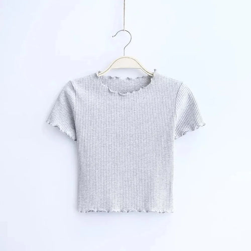 Women's Lettuce Trim Ribbed T-Shirt Knit Short Sleeve Crop Top Slim