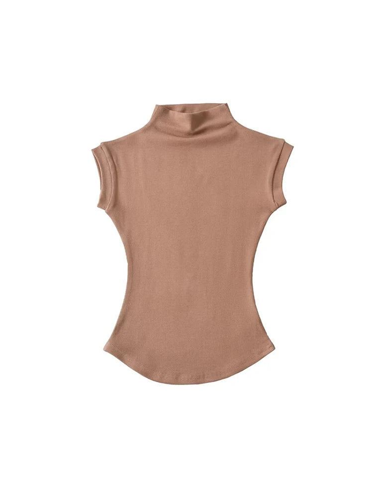 Women Summer Sexy Turtleneck Sleeveless T-Shirts Tops Solid Slim Fit