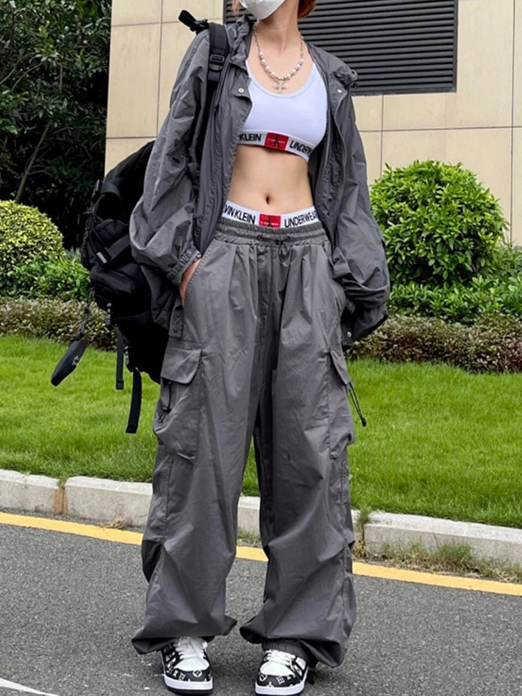 Y2K Parachute Black Pants Women Hippie Streetwear Oversize Pockets