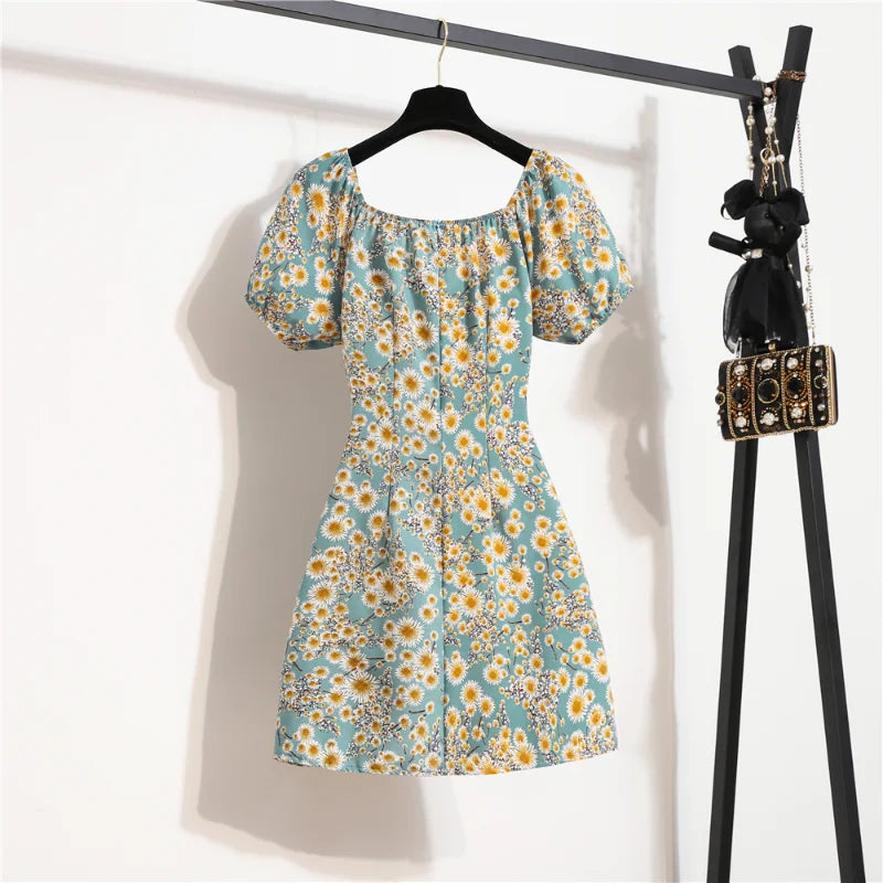 Women Mini Dresses Summer Fashion Female Vestidos Print Floral Chiffon