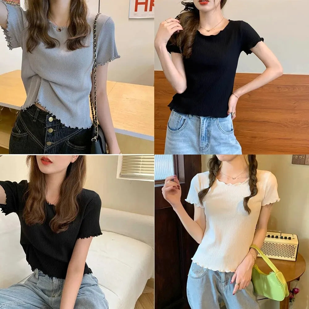 Women's Lettuce Trim Ribbed T-Shirt Knit Short Sleeve Crop Top Slim