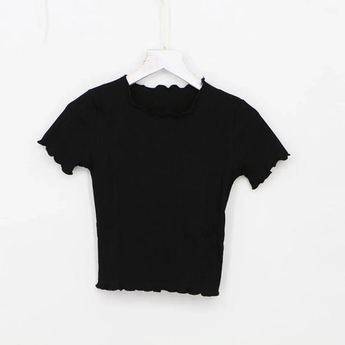 Women's Lettuce Trim Ribbed T-Shirt Knit Short Sleeve Crop Top Slim