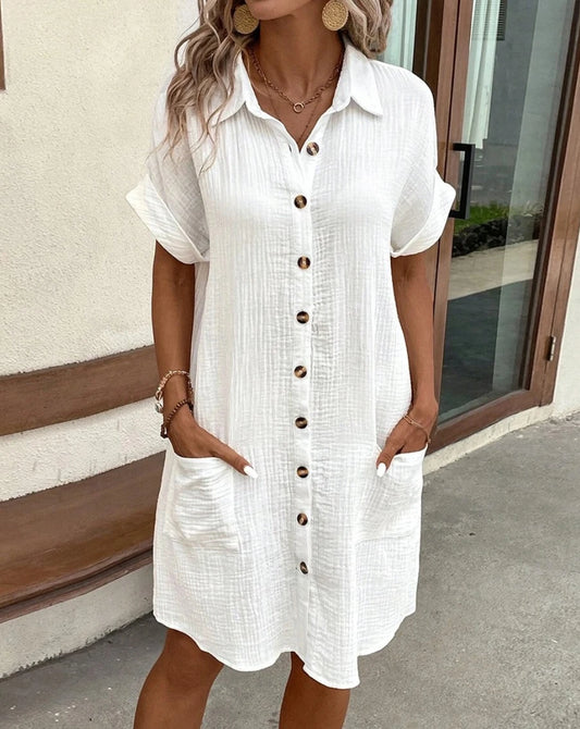 Vintage Women Solid Mini Dress Summer Fashion V-neck Three Quater