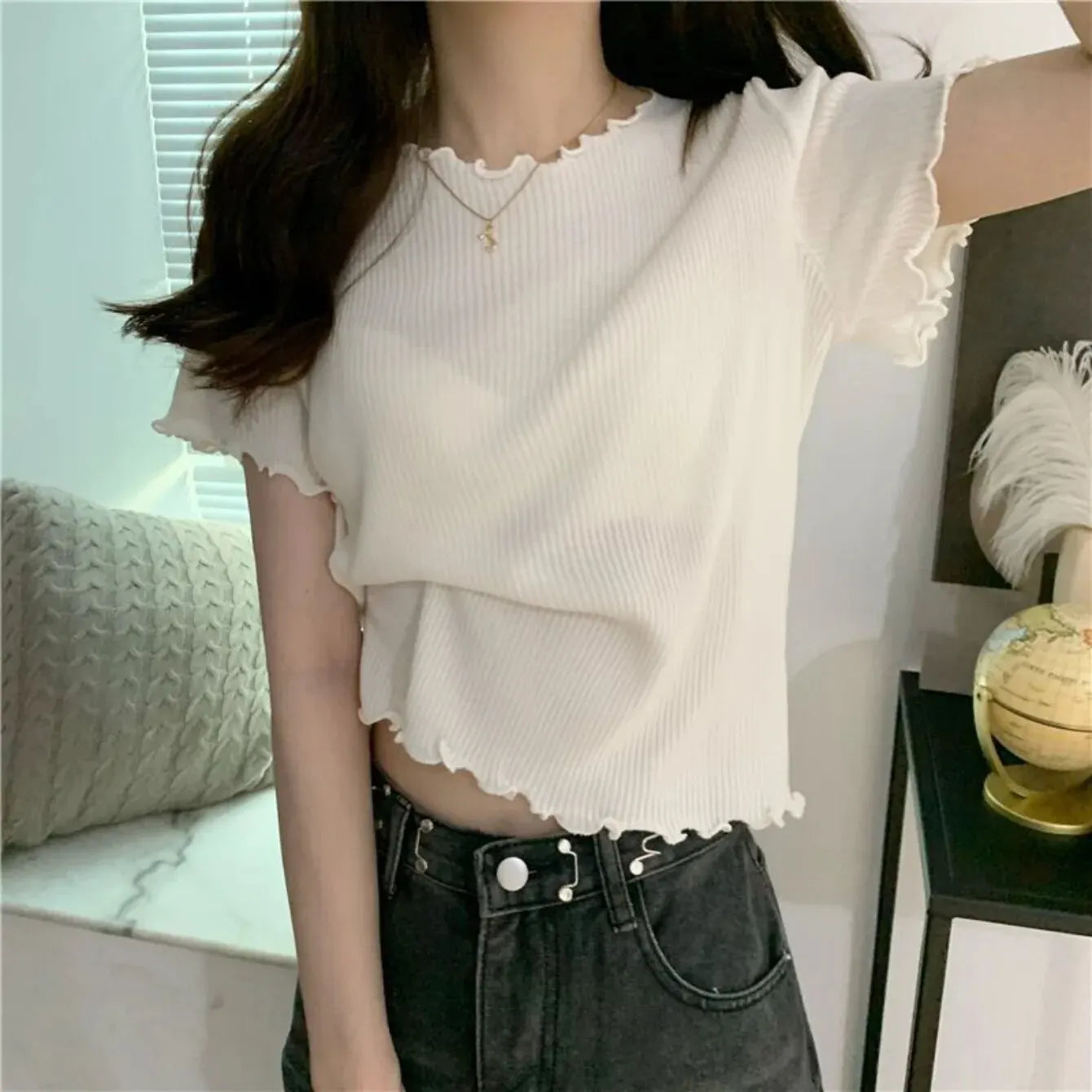 Women's Lettuce Trim Ribbed T-Shirt Knit Short Sleeve Crop Top Slim