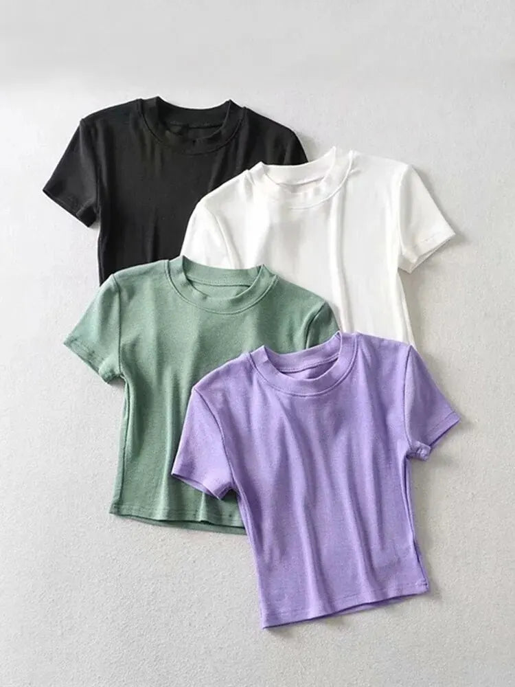 Women's Short Sleeve Crop Top Solid Slim Fit Crew Neck Tee Basic