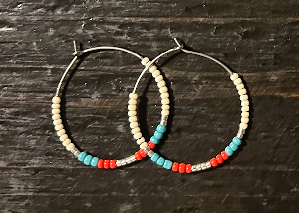 White Southwest-Patterned Beaded Hoop Earrings