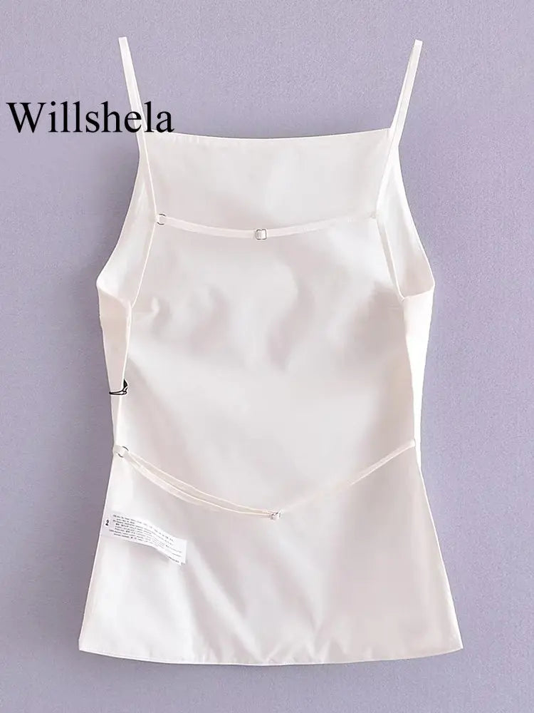 Willshela Women Fashion Solid Lace Up Backless Camisole Vintage Thin