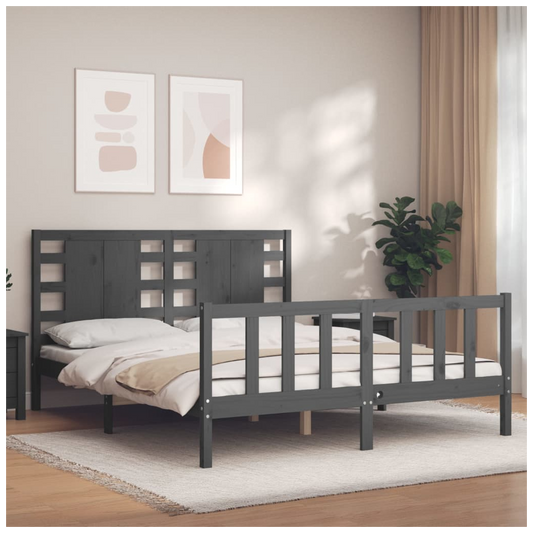 Bed Frame with Headboard Grey King Size Solid Wood