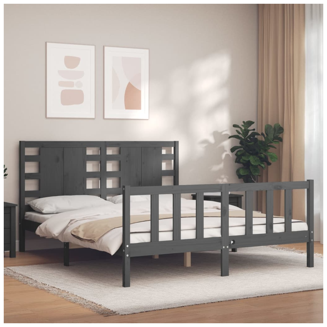 Bed Frame with Headboard Grey King Size Solid Wood