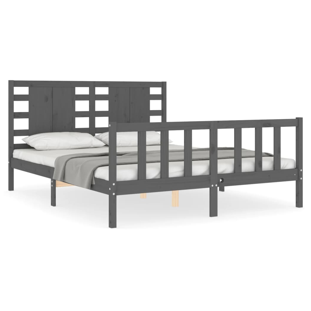 Bed Frame with Headboard Grey King Size Solid Wood