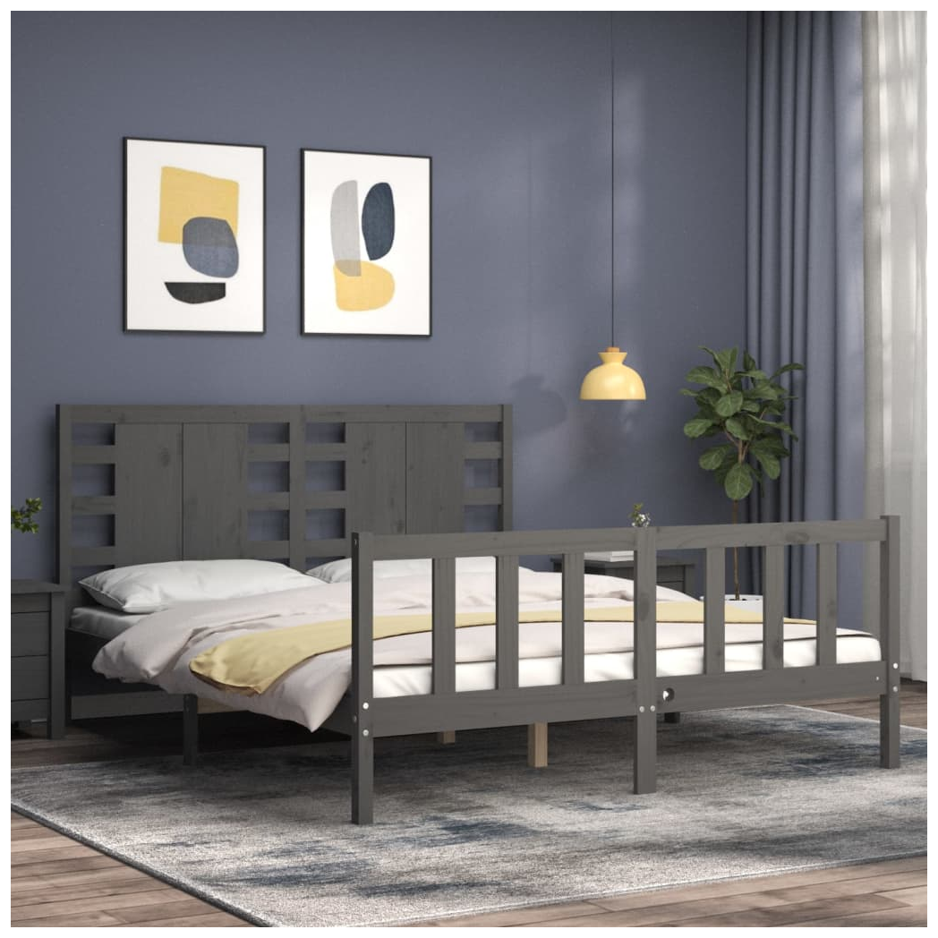 Bed Frame with Headboard Grey King Size Solid Wood