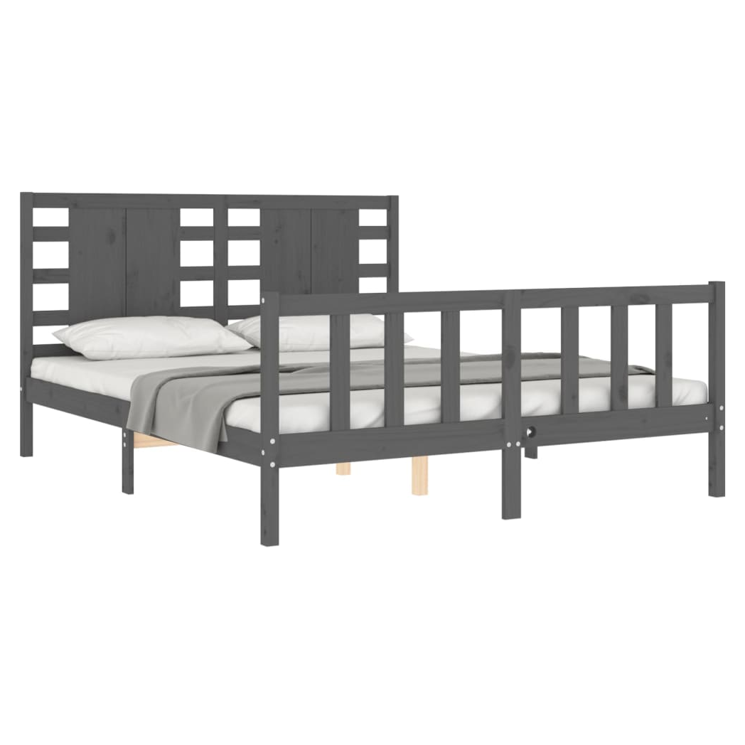 Bed Frame with Headboard Grey King Size Solid Wood