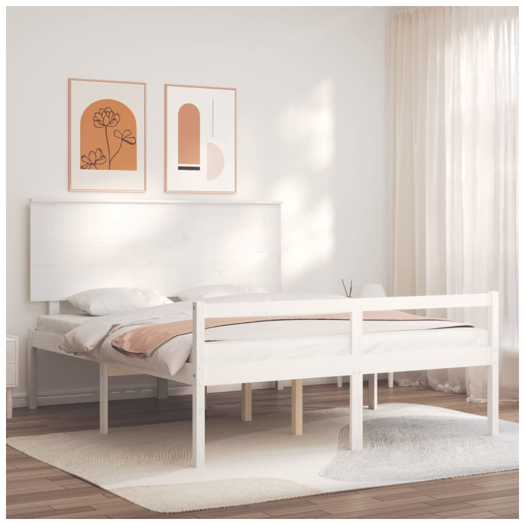 Bed Frame with Headboard White King Size Solid Wood