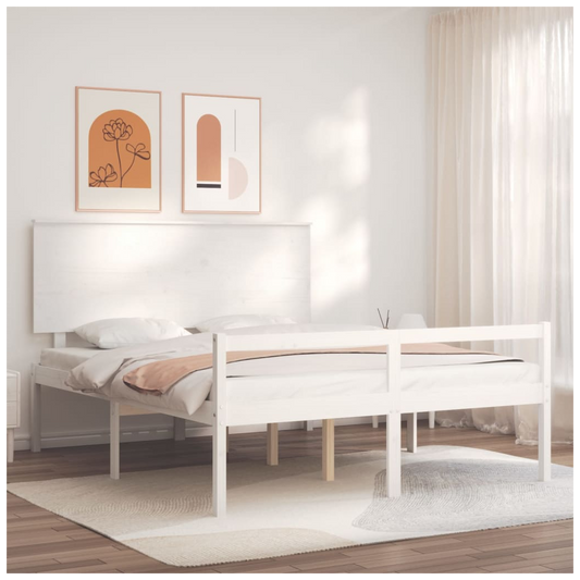 Bed Frame with Headboard White King Size Solid Wood