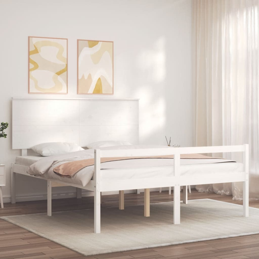 Bed Frame with Headboard White King Size Solid Wood