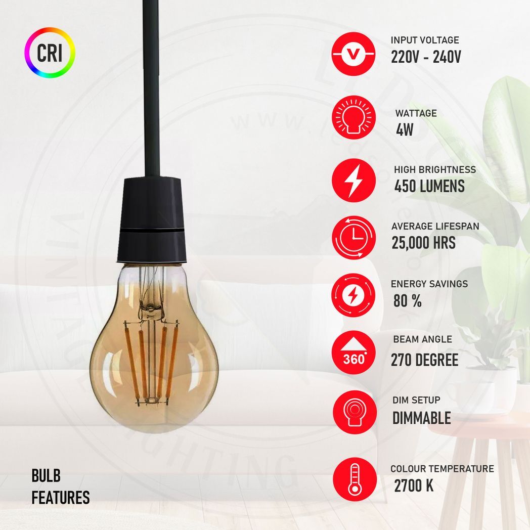 2 Pack A60 E27 4W Edison Style LED filament Retro Amber light bulb Warm white screw bulbs 2700K Light Bulbs