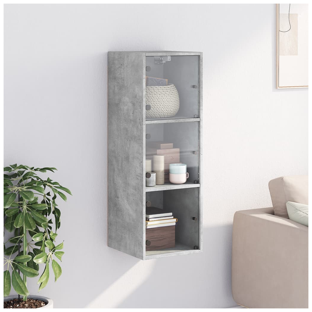 Wall Cabinet with Glass Doors Concrete Grey 35x37x100 cm