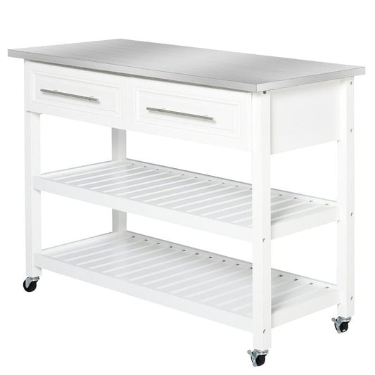 White Rolling Kitchen Island 2 Drawers Storage with Stainless Steel