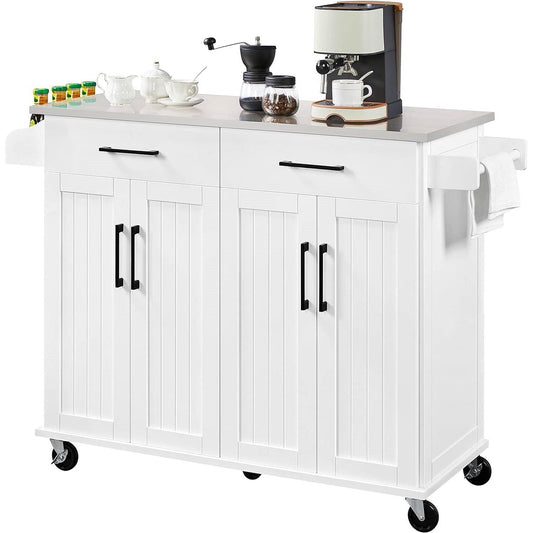 White Kitchen Cart Island with Stainless Steel Top 2 Drawers and