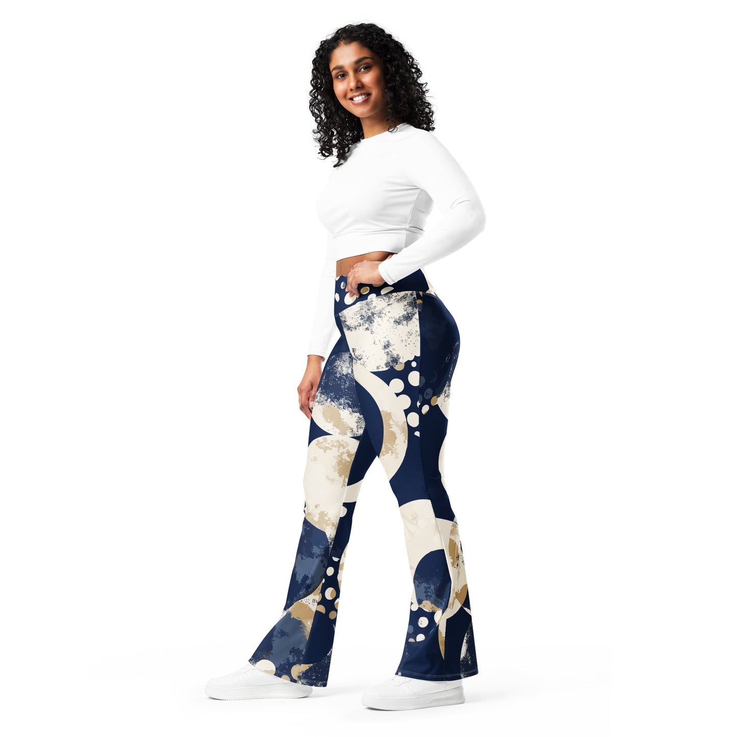 Womens Flare Leggings, Blue Beige Spotted Print