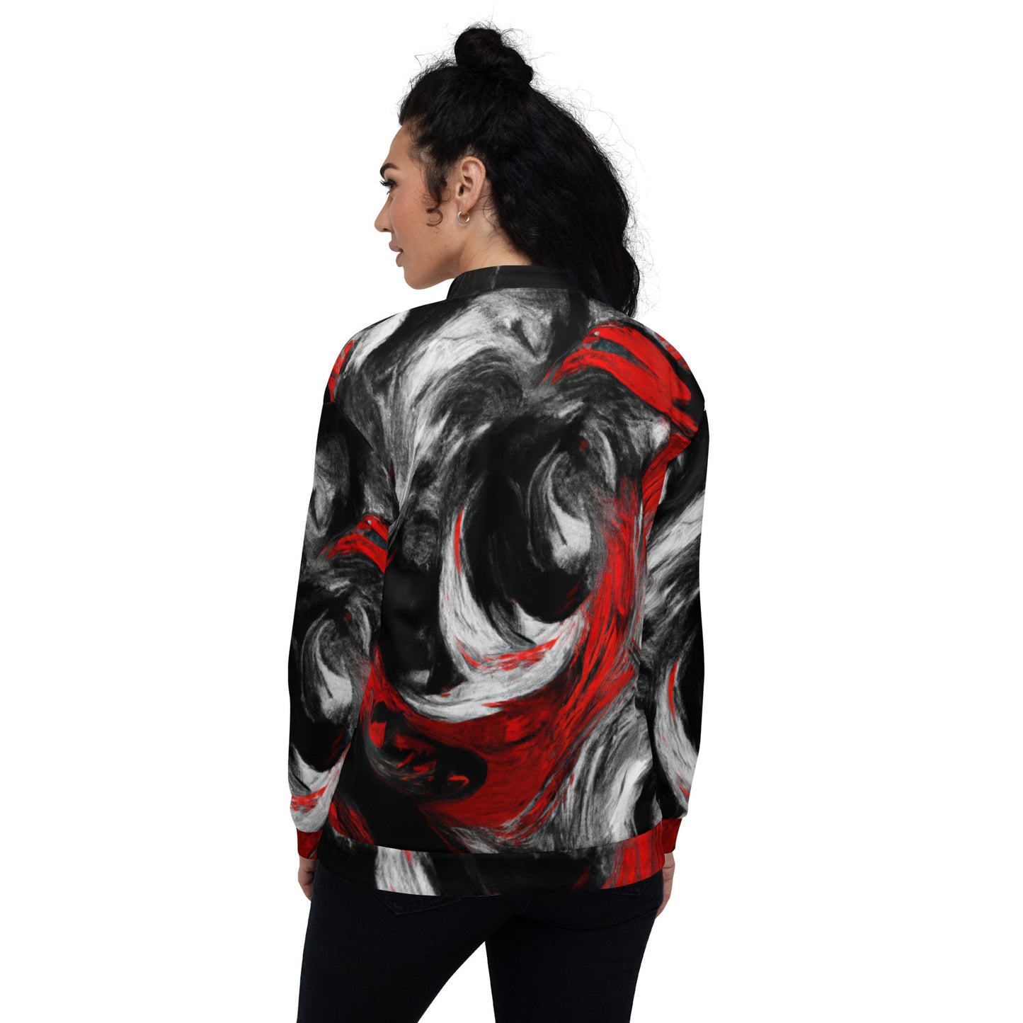 Womens Bomber Jacket, Decorative Black Red White Abstract Seamless 2