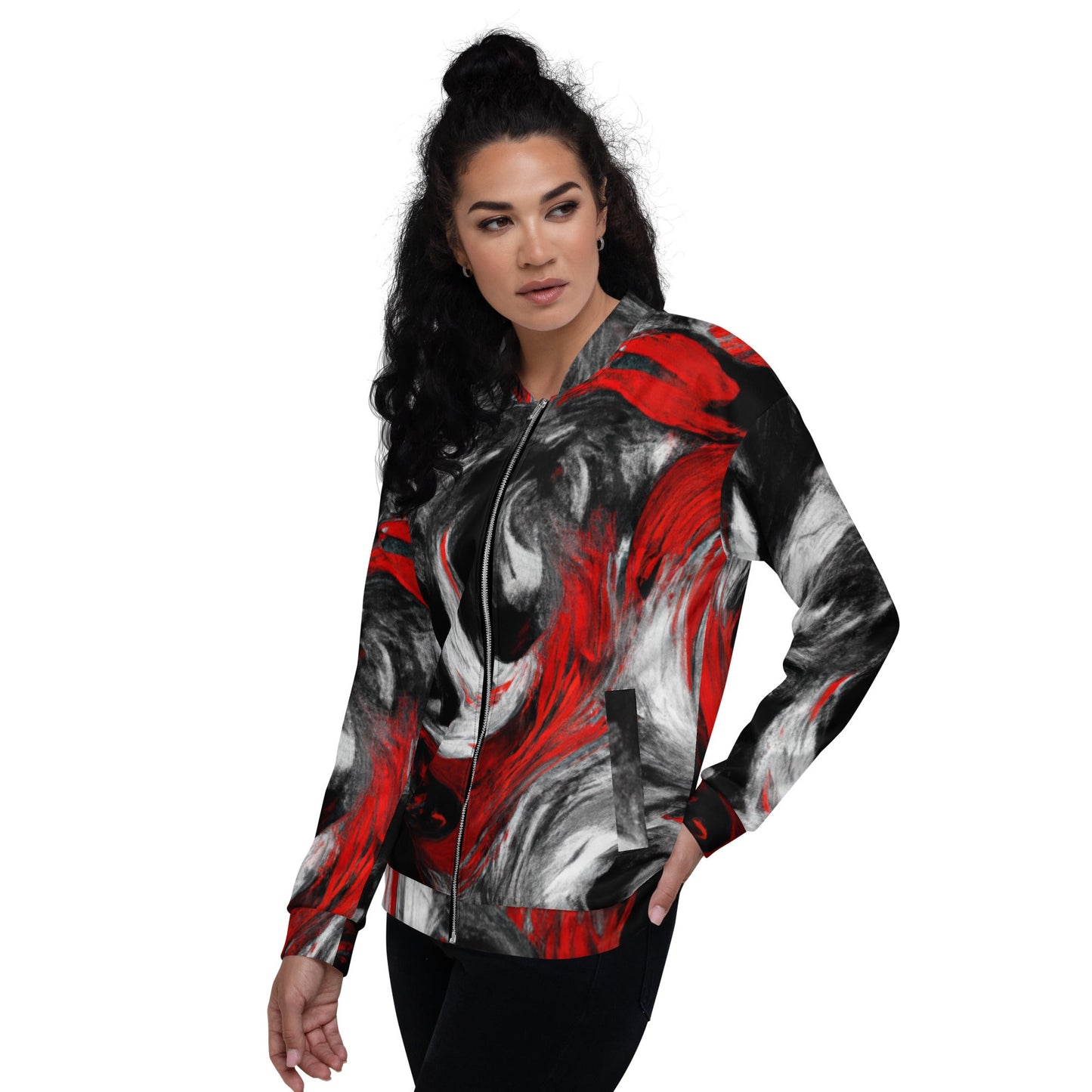 Womens Bomber Jacket, Decorative Black Red White Abstract Seamless 2