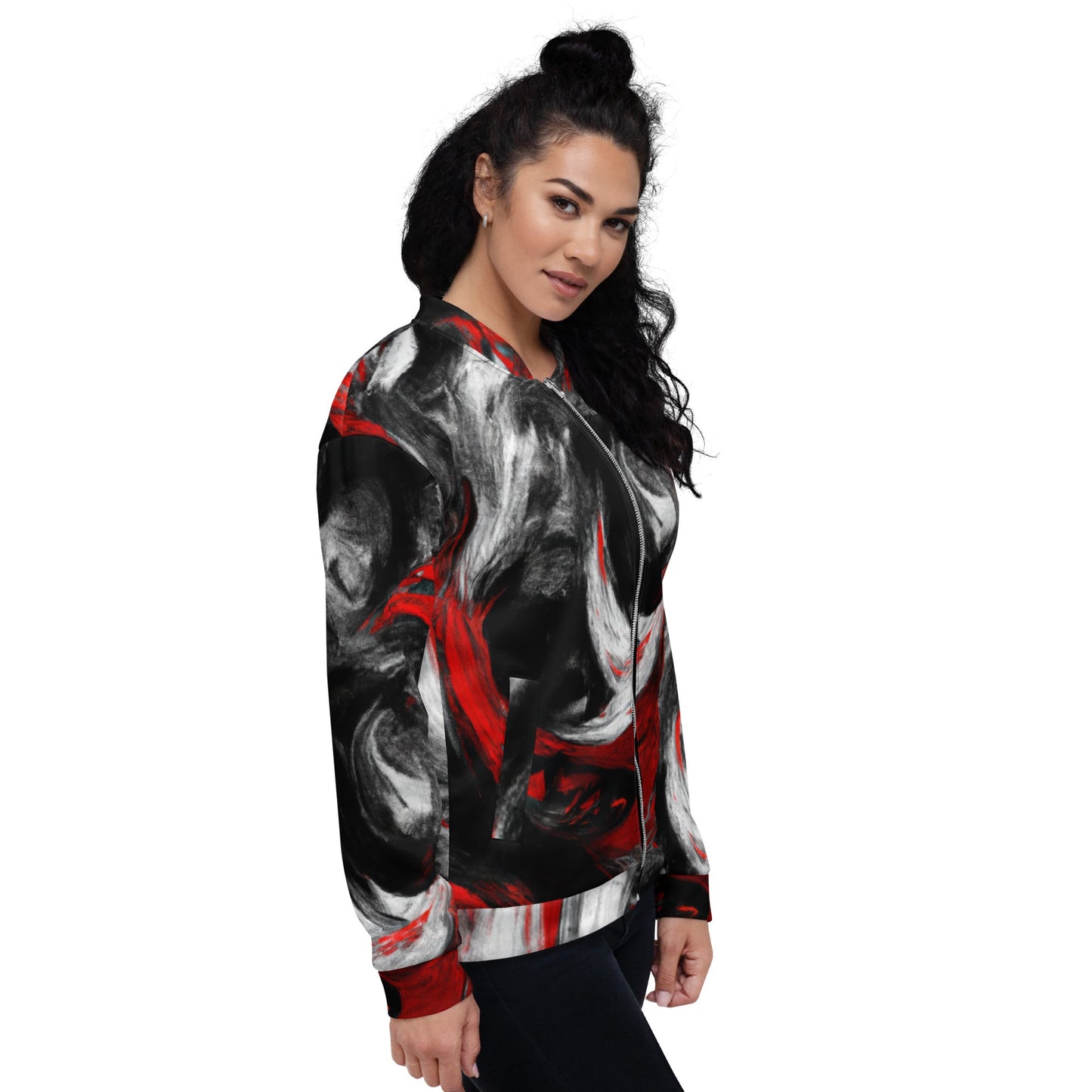 Womens Bomber Jacket, Decorative Black Red White Abstract Seamless 2