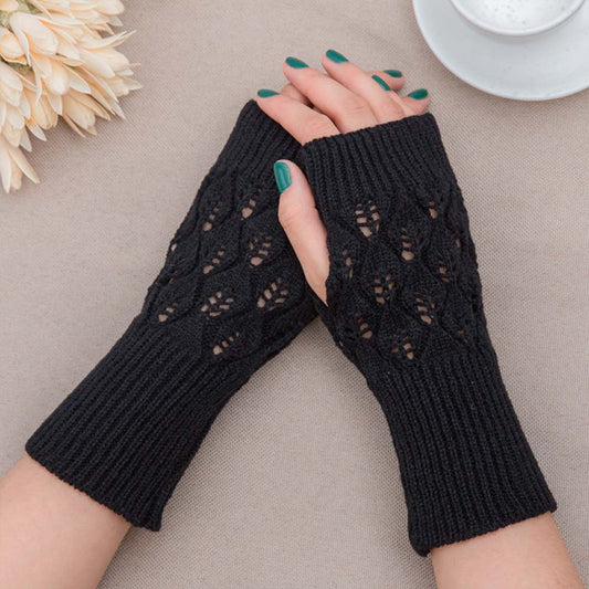 Winter Arm Hand Warmer Knitted Long Fingerless Gloves Soft Mittens for Female - Black