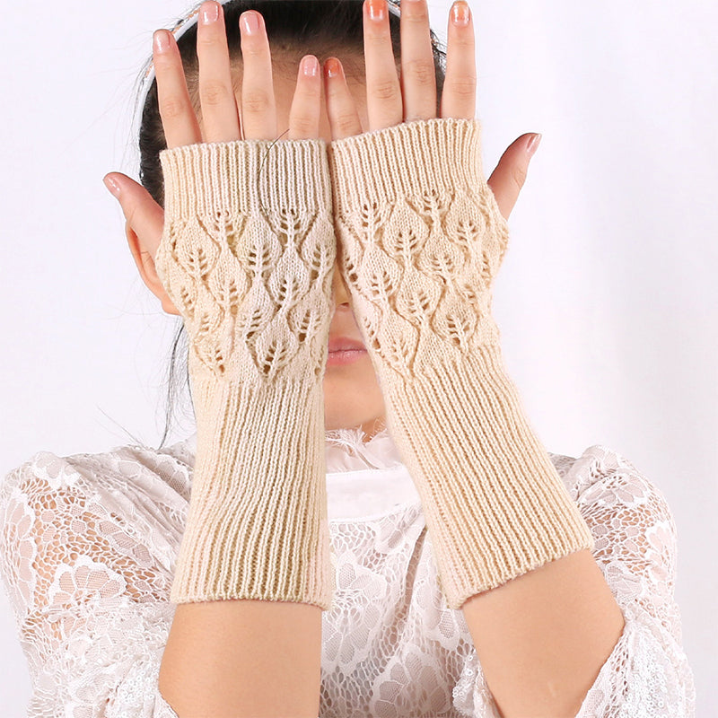 Winter Arm Hand Warmer Knitted Long Fingerless Gloves Soft Mittens for Female - Beige