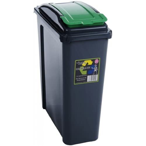 Wham Recycling Bin Slim Kitchen Trash Can Rubbish Dustbin with Green Lid 25 Litres