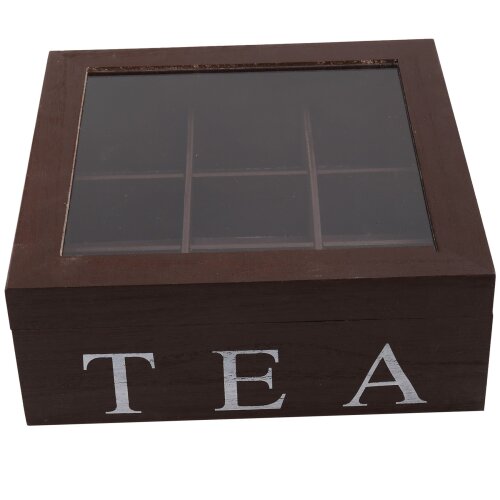 Wooden 9 Grids Tea Box Tea Bags Container Storage Box Square Gift Box Case Transparent Top Lid Jewelry Storage Box-Red Wine color