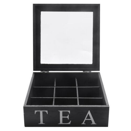 Wooden 9 Grids Tea Box Tea Bags Container Storage Box Square Gift Box Case Transparent Top Lid Jewelry Storage Box-Black