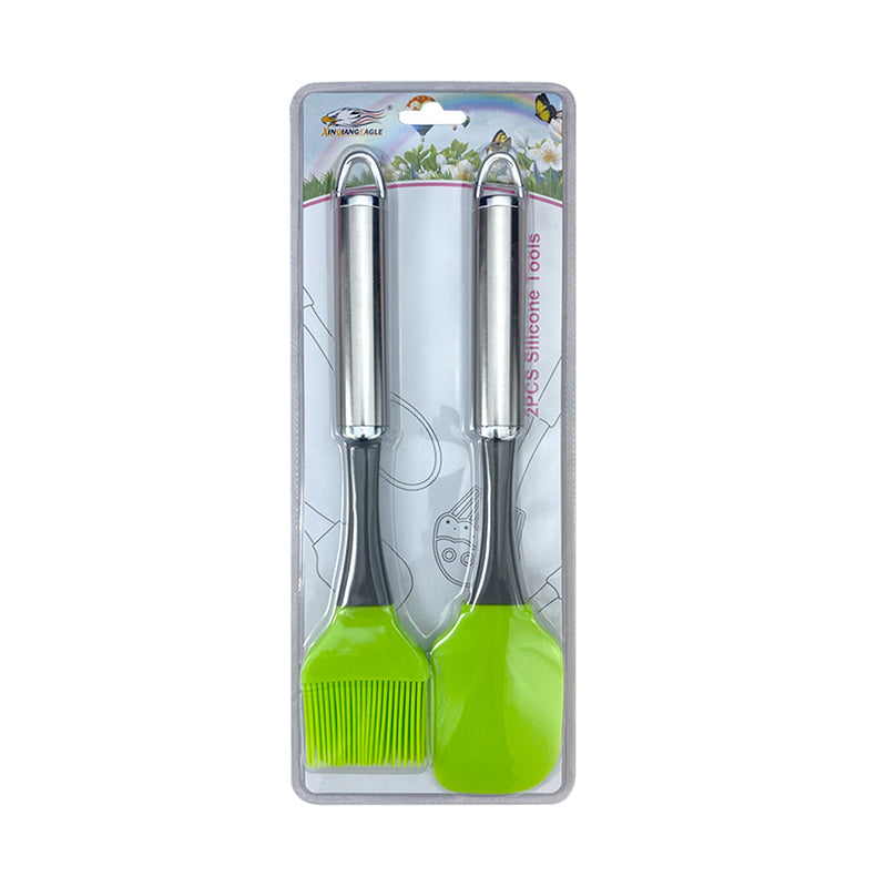 26 cm Silicone Spatula and Pastry Brush Set with Metal Handle - Green