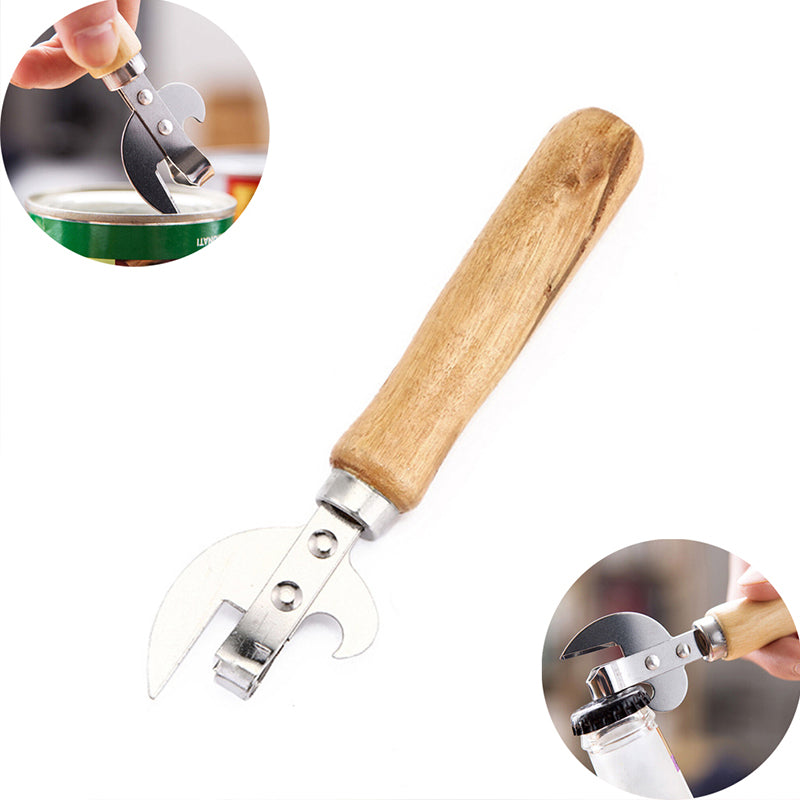 15 cm Steel Can Bottle Opener Durable Manual Opener with Wooden Handle