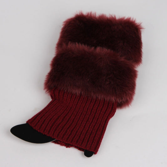Women Winter Warm Crochet Knitted Fur Trim Leg Warmers Cuffs Toppers Boot Socks - Deep Red