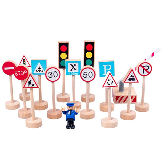 Wooden Road Traffic Signs 15 pcs Wood Pretend Toys for Kids Children