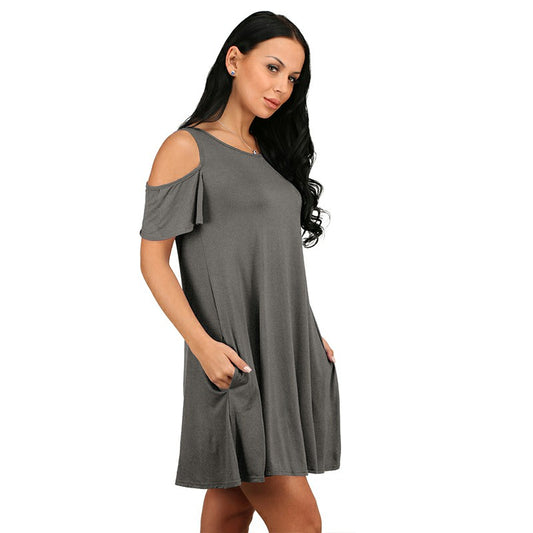 Women Summer Casual Spaghetti Strap Off Shoulder Ruffle Sleeves Shift Loose Mini Dress with Pockets - Grey
