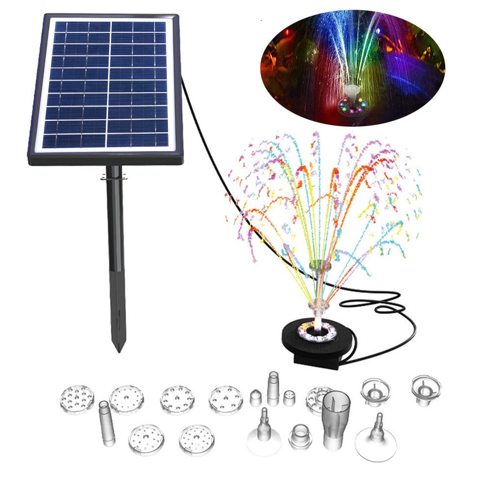 7W Solar Powered Fountain Coloured LED Water Pump with 11 Nozzles for Garden, Fountain, Birth Bath