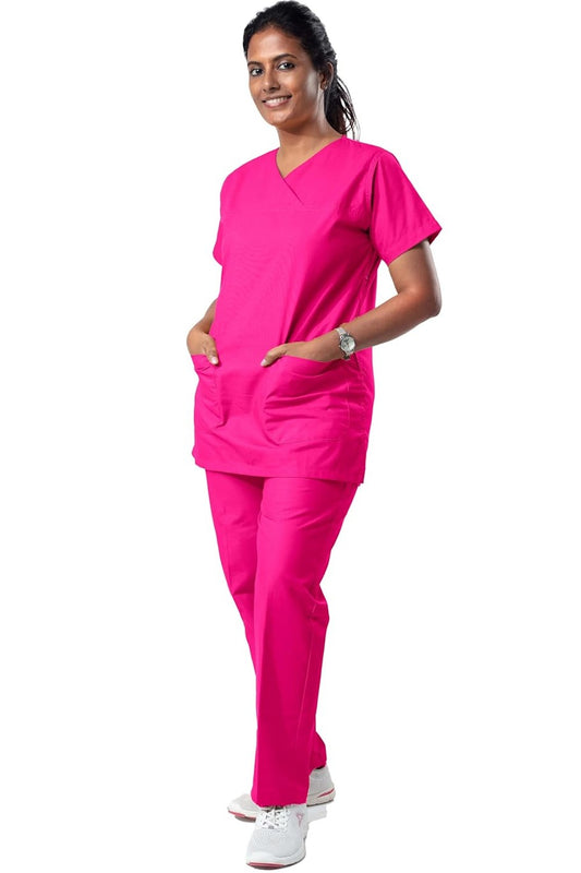 Women's Solid V-Neck Dress For Proffesional Use (Size-M) (Color-PINK)